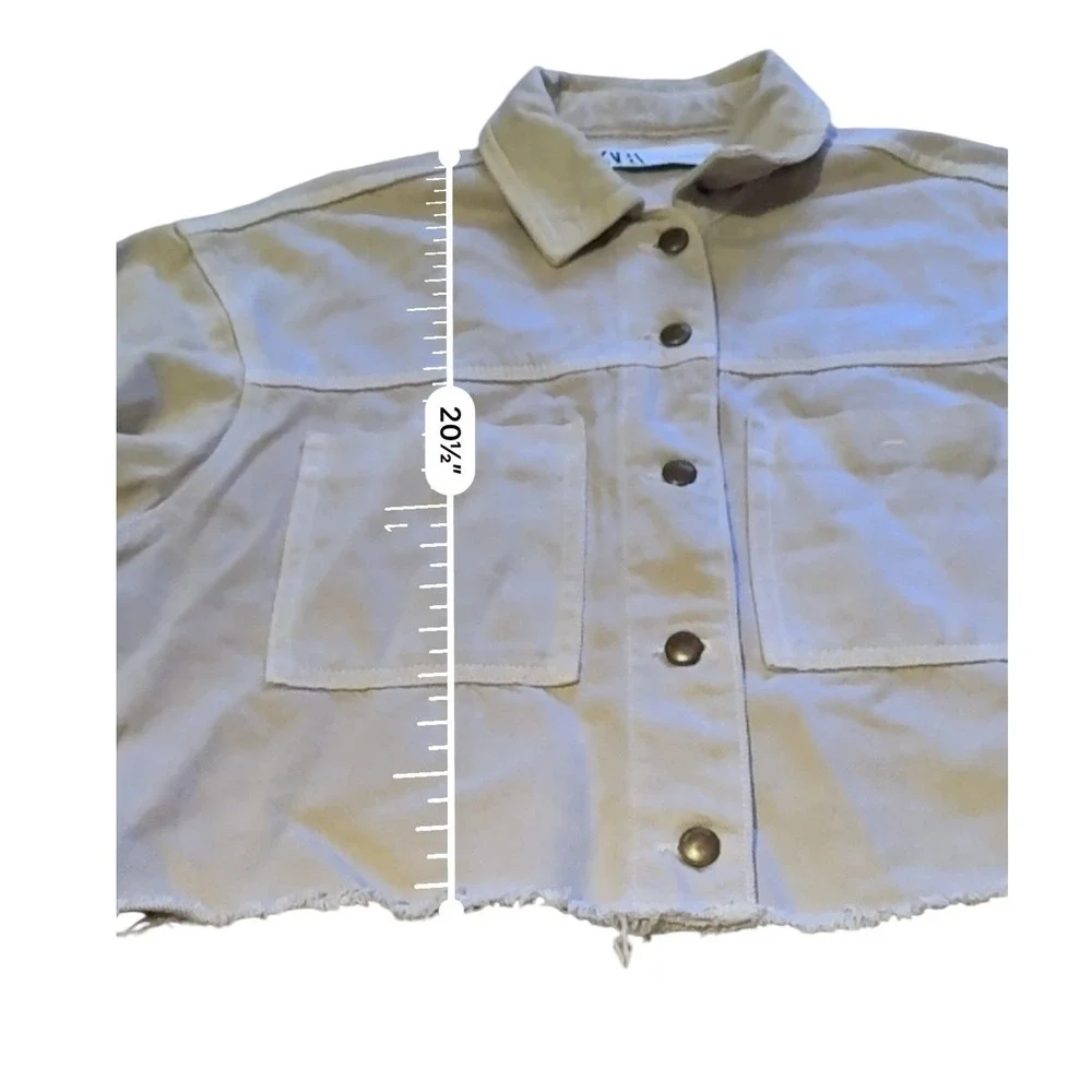 Zara Cropped Denim Jacket Womens XL Tan‎ Raw Hem Boxy Utility Button Front